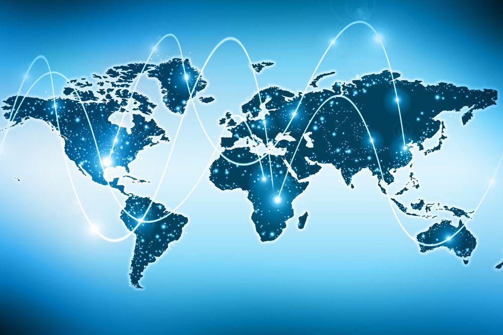 World,Map,On,A,Technological,Background,,Glowing,Lines,Symbols,Of